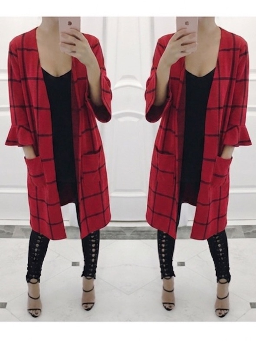 Red Plaid Open Front Women’s Cardigan Jacket